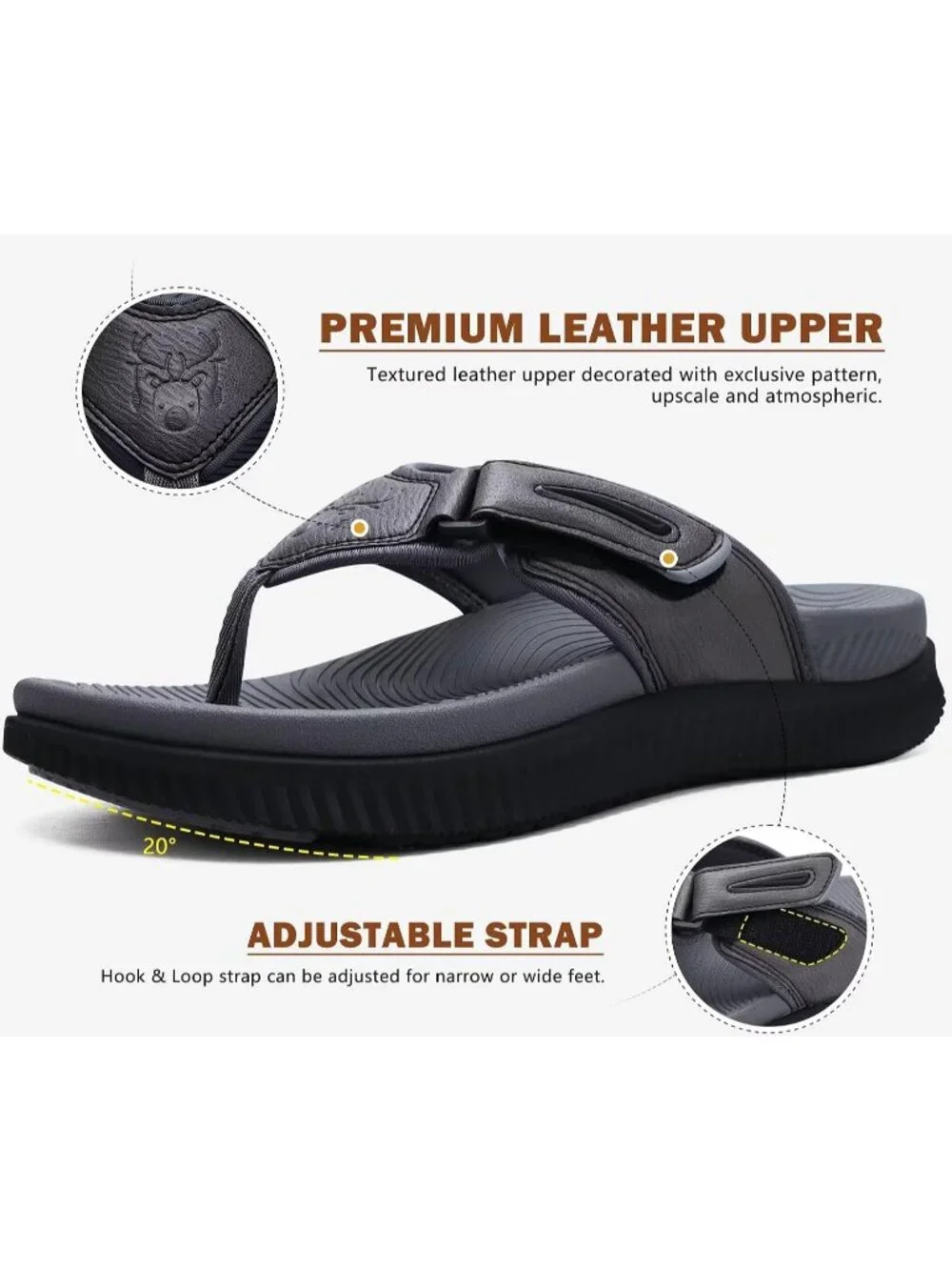 Men's Grey Adjustable Thick Athletic Cushion Orthotic Flip Flops Sandal Shoes